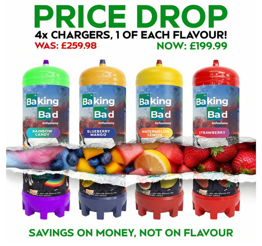 CLEARANCE  4 x Baking Bad 1364g/2.2L Cream Charger *NEW* 1 of each flavour
